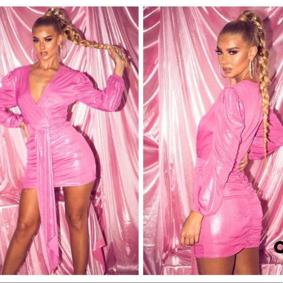 Pink Metallic Long Sleeve Bodycon Dress 